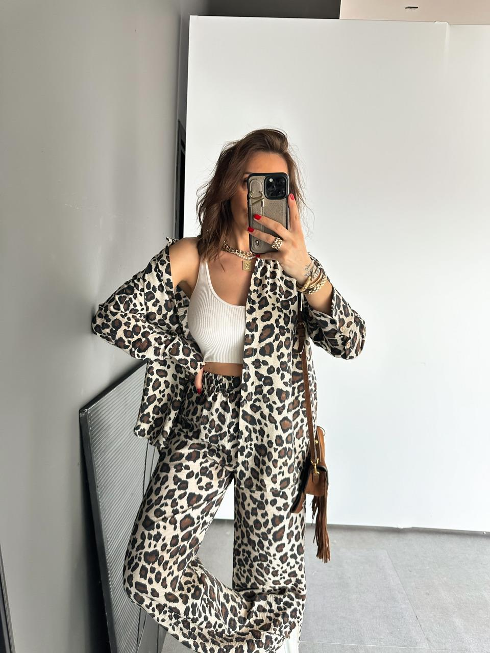 Leopar Desenli Salaş Gömlek Pantolon Takım