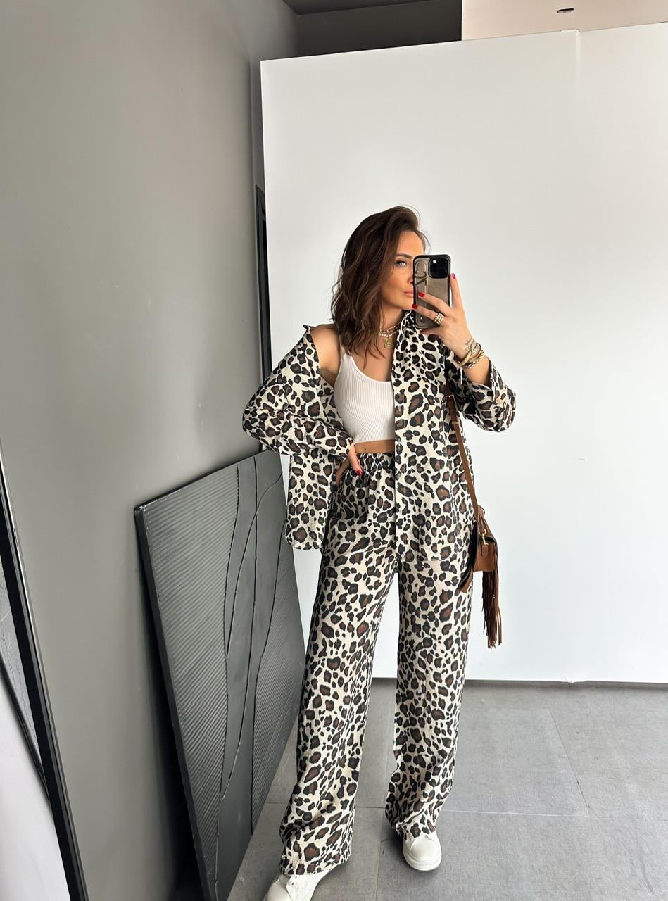 Leopar Desenli Salaş Gömlek Pantolon Takım