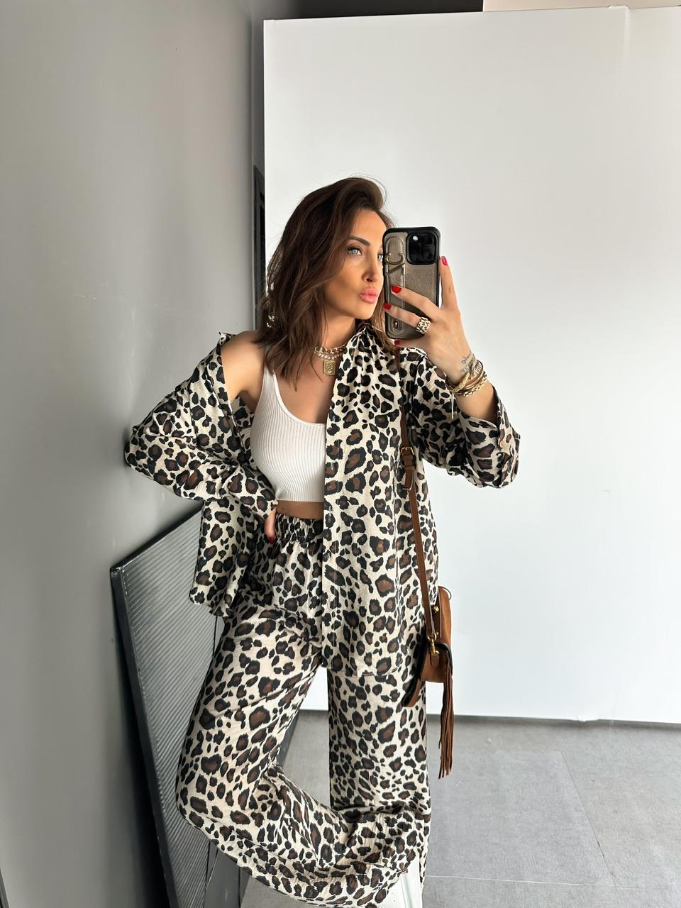 Leopar Desenli Salaş Gömlek Pantolon Takım