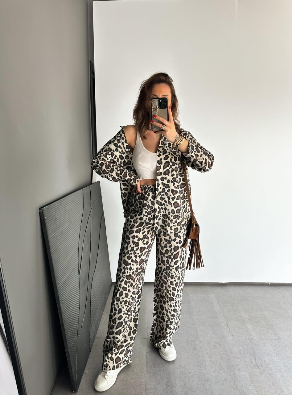 Leopar Desenli Salaş Gömlek Pantolon Takım