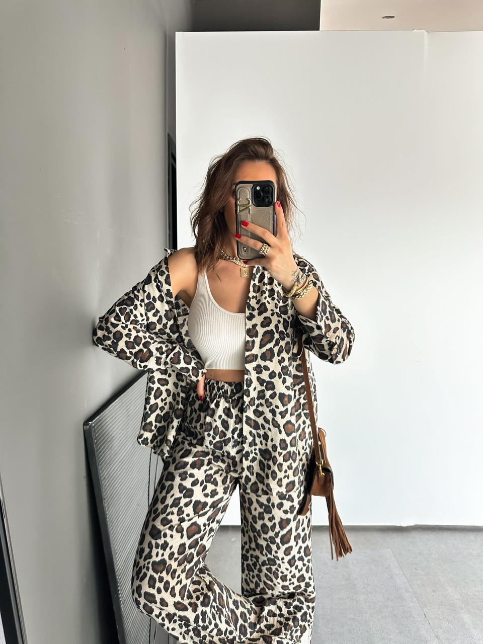 Leopar Desenli Salaş Gömlek Pantolon Takım