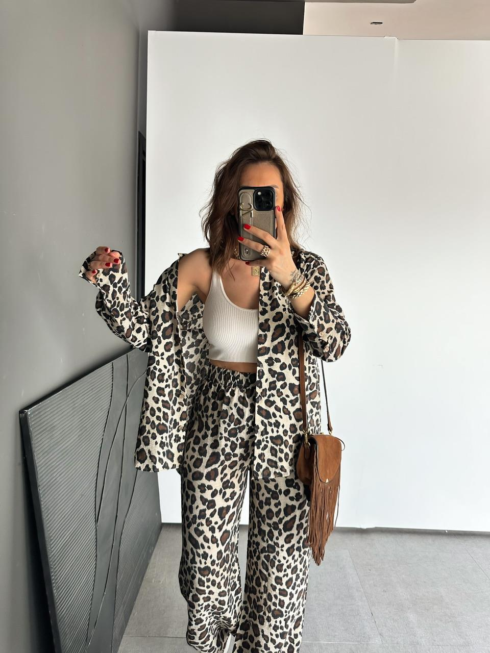 Leopar Desenli Salaş Gömlek Pantolon Takım