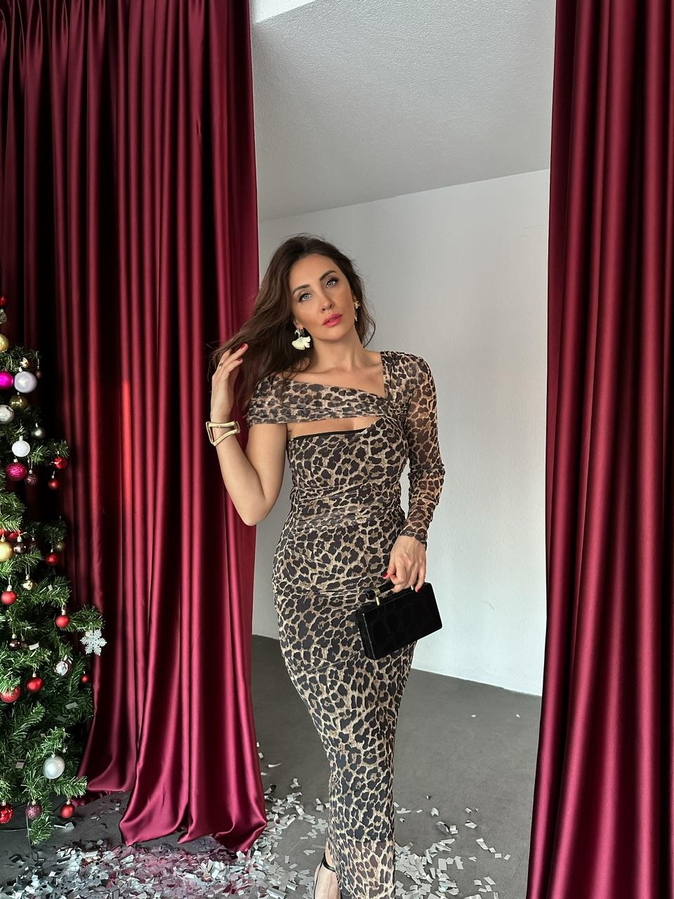 Leopar Desenli Tek Omuz Elbise