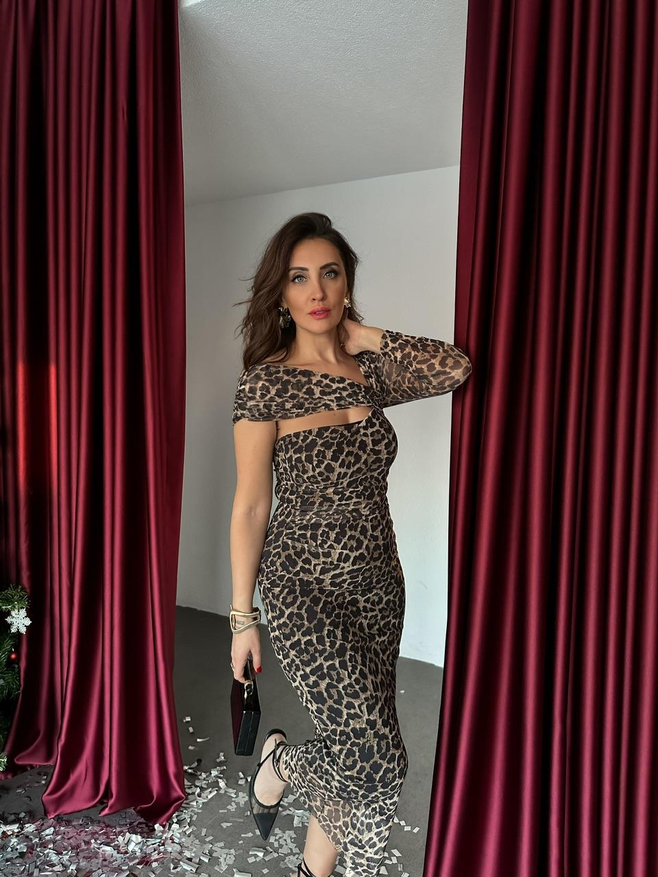 Leopar Desenli Tek Omuz Elbise