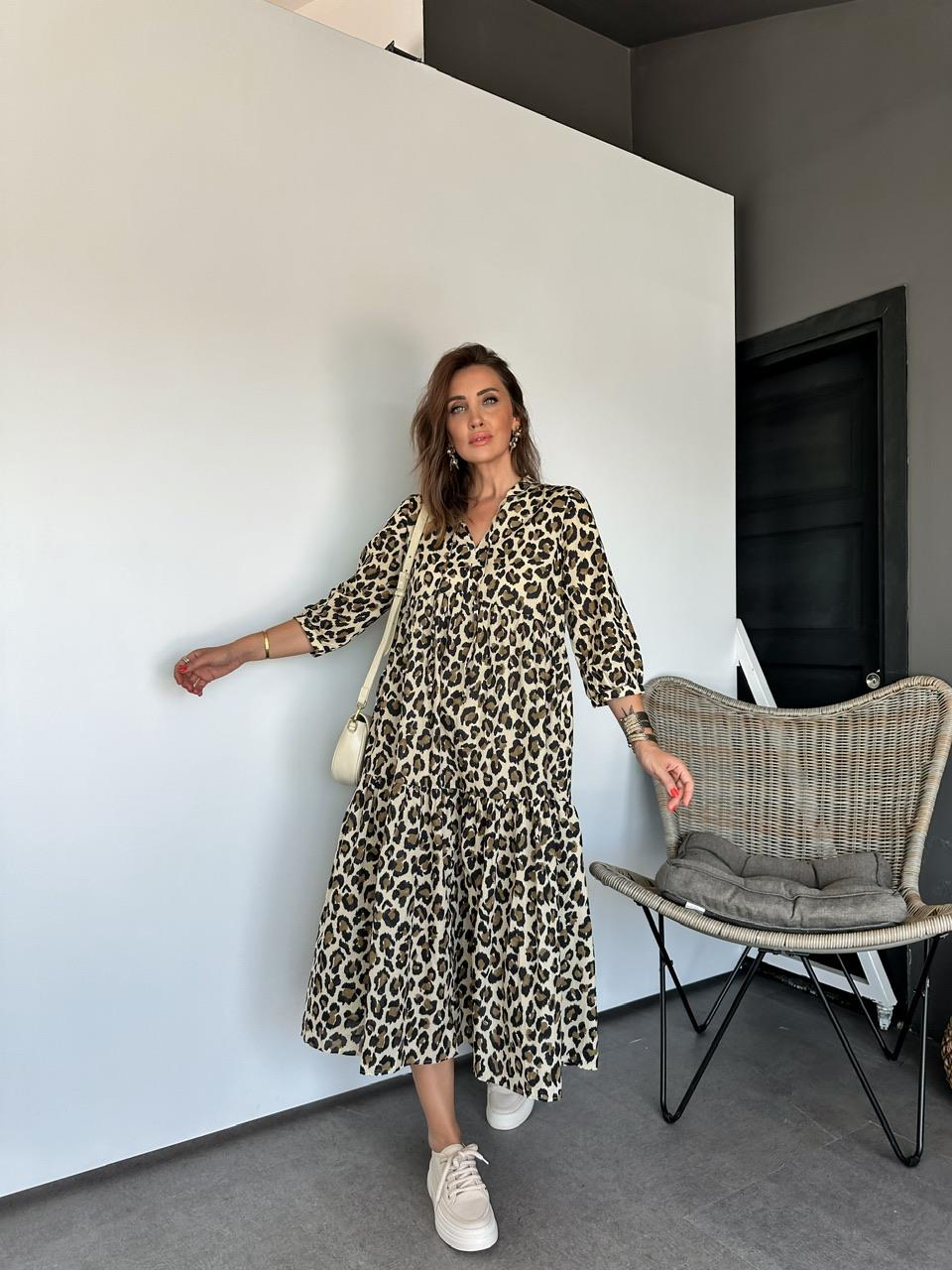 Leopar Desenli Volanlı Salaş Elbise