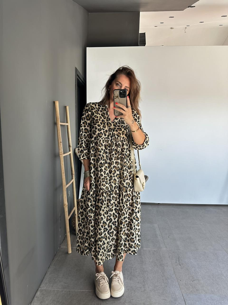 Leopar Desenli Volanlı Salaş Elbise