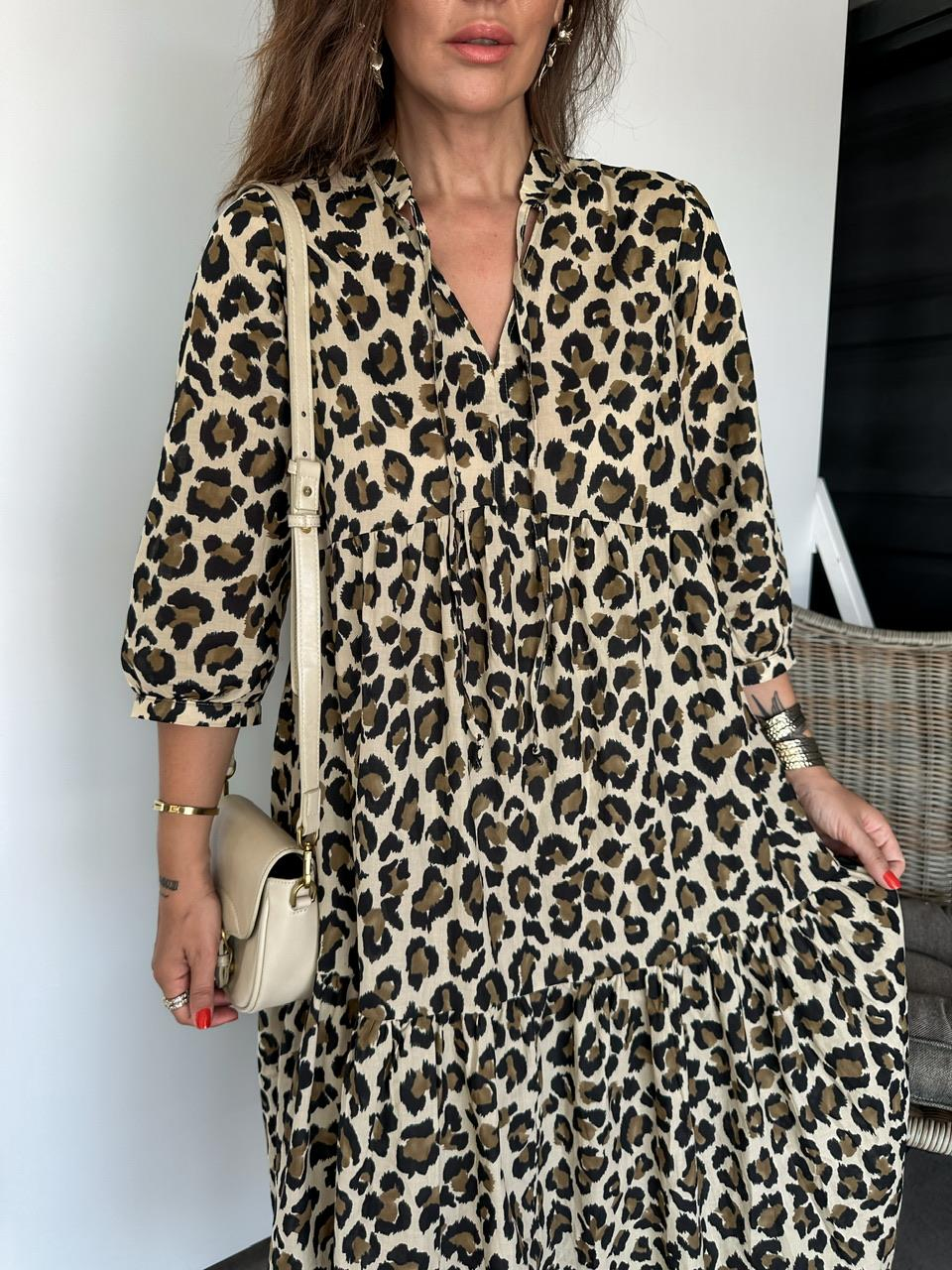 Leopar Desenli Volanlı Salaş Elbise