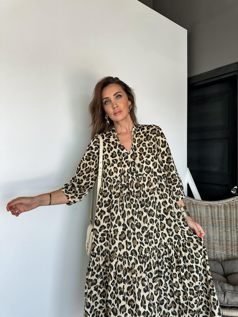 Leopar Desenli Volanlı Salaş Elbise