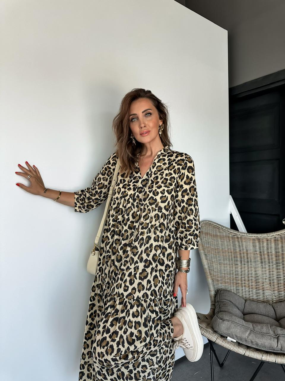 Leopar Desenli Volanlı Salaş Elbise