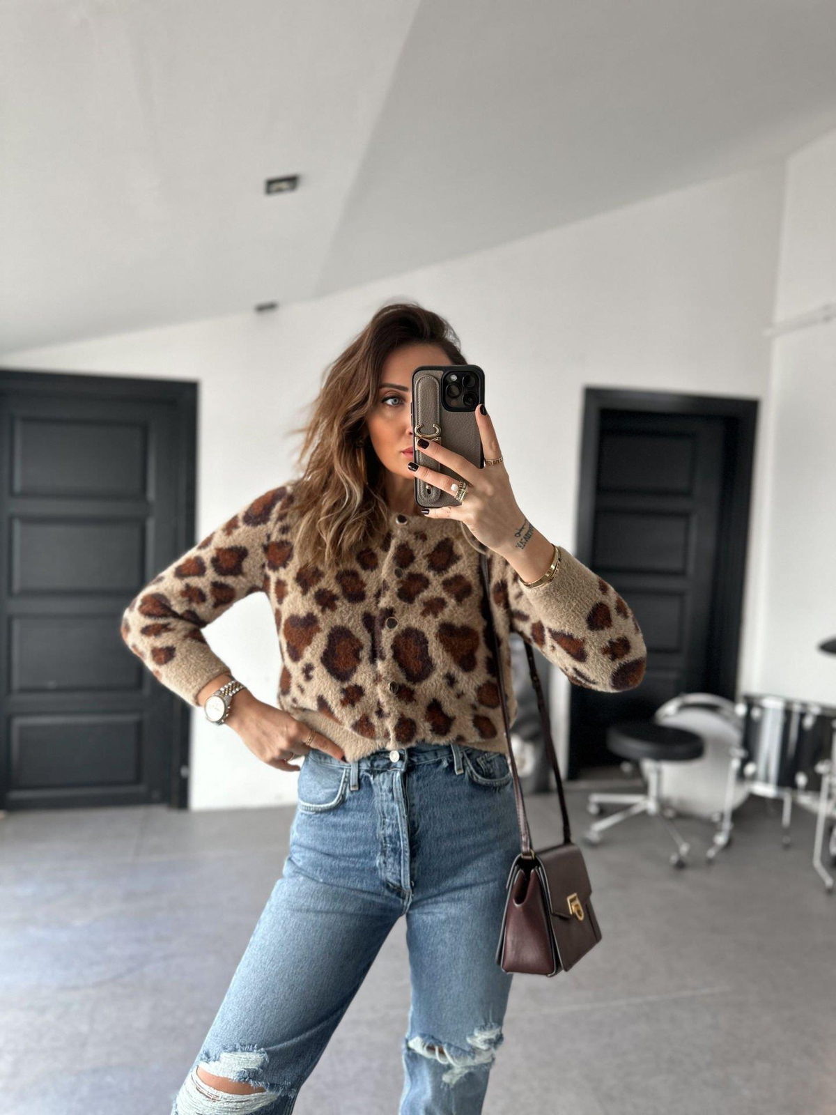 Leopar Dokulu Taş Düğmeli Hırka