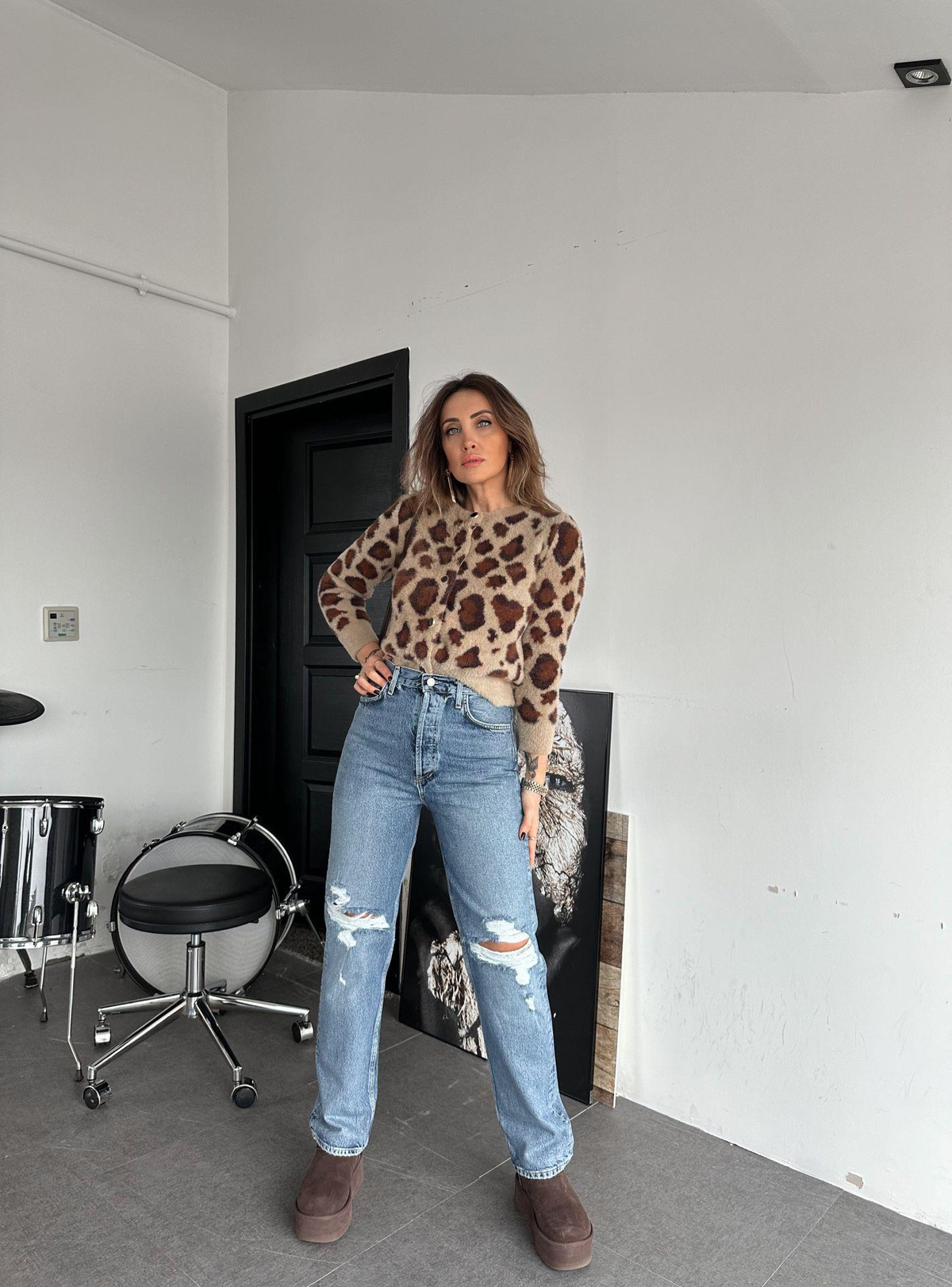 Leopar Dokulu Taş Düğmeli Hırka
