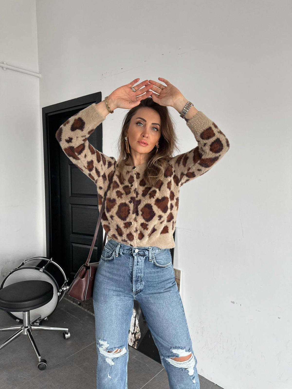 Leopar Dokulu Taş Düğmeli Hırka