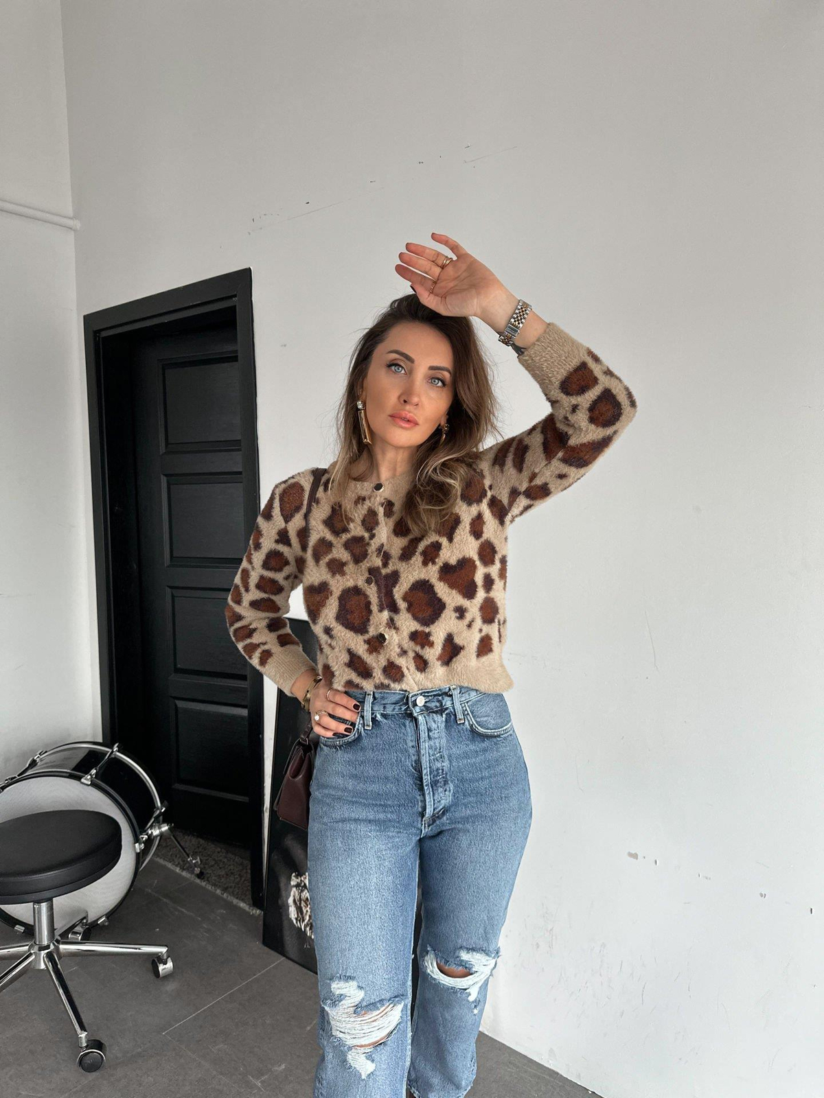 Leopar Dokulu Taş Düğmeli Hırka