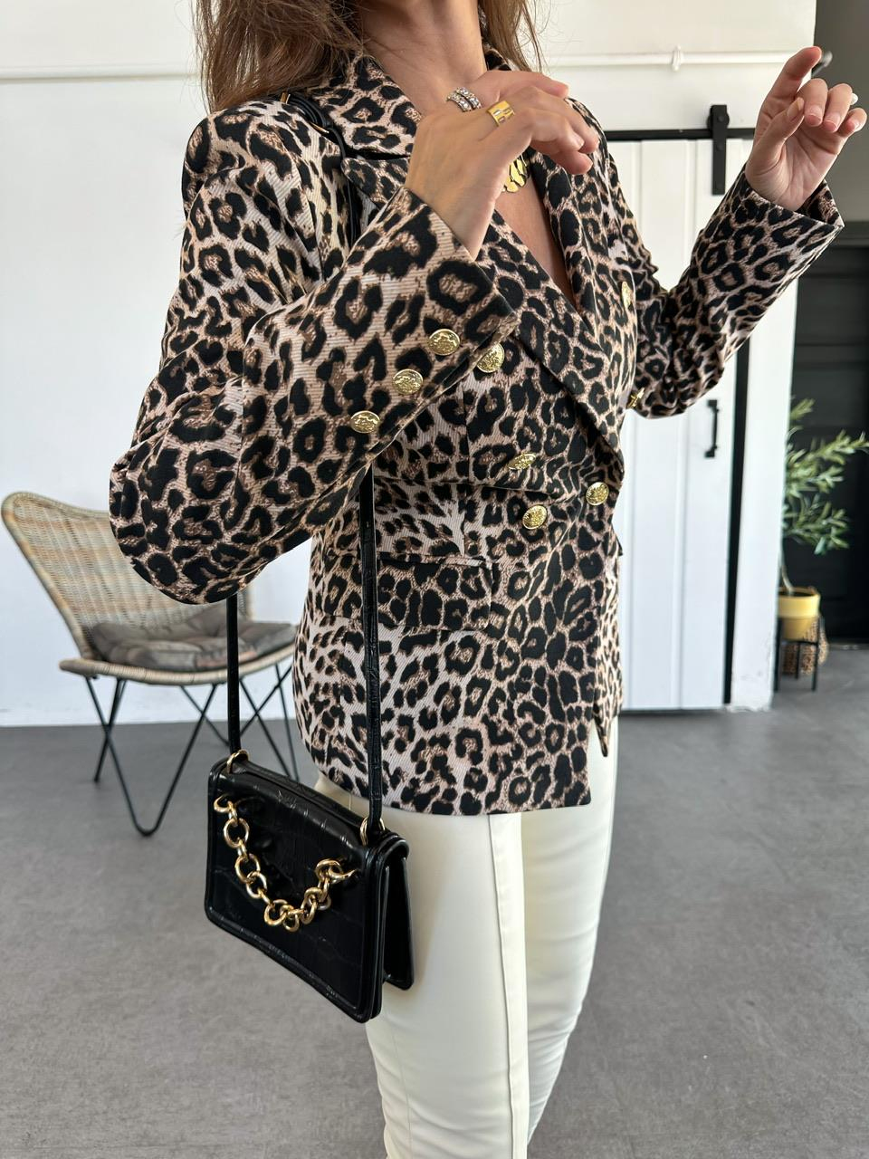 Leopar Gold Düğmeli Blazer Ceket