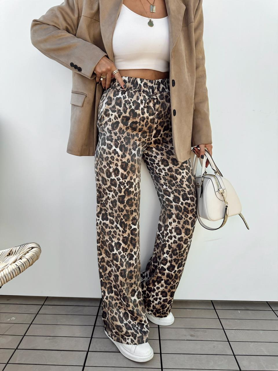 Leopar Parlak Beli Lastikli Pantolon