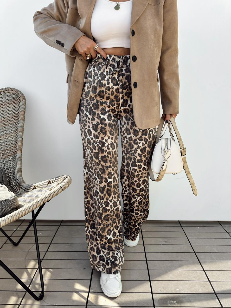 Leopar Parlak Beli Lastikli Pantolon