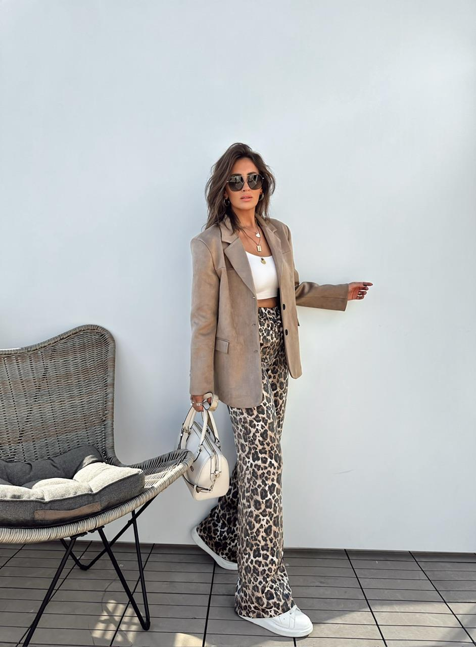 Leopar Parlak Beli Lastikli Pantolon