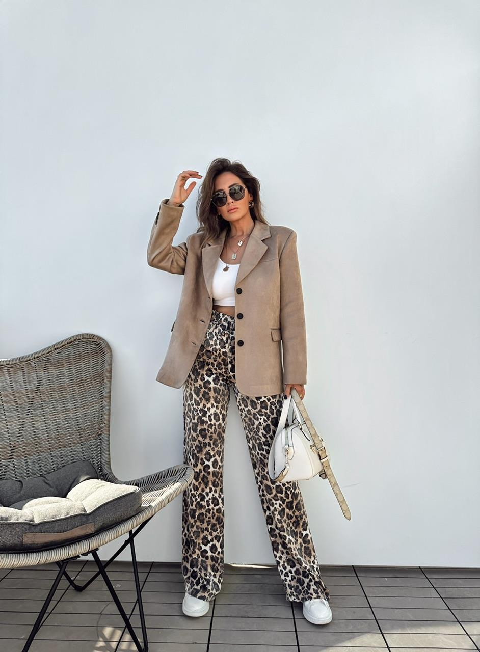Leopar Parlak Beli Lastikli Pantolon