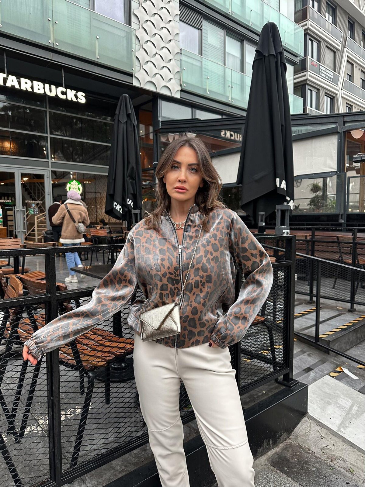 Leopar Parlak Bomber Ceket