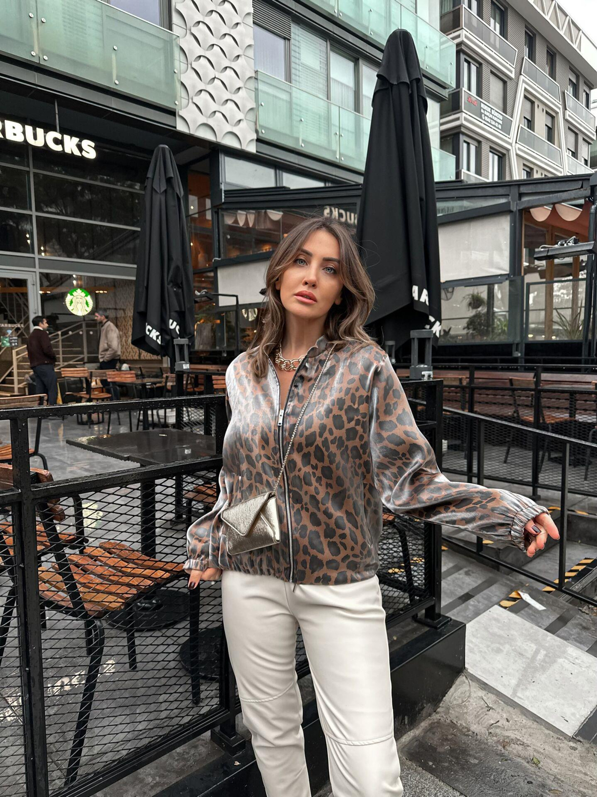 Leopar Parlak Bomber Ceket