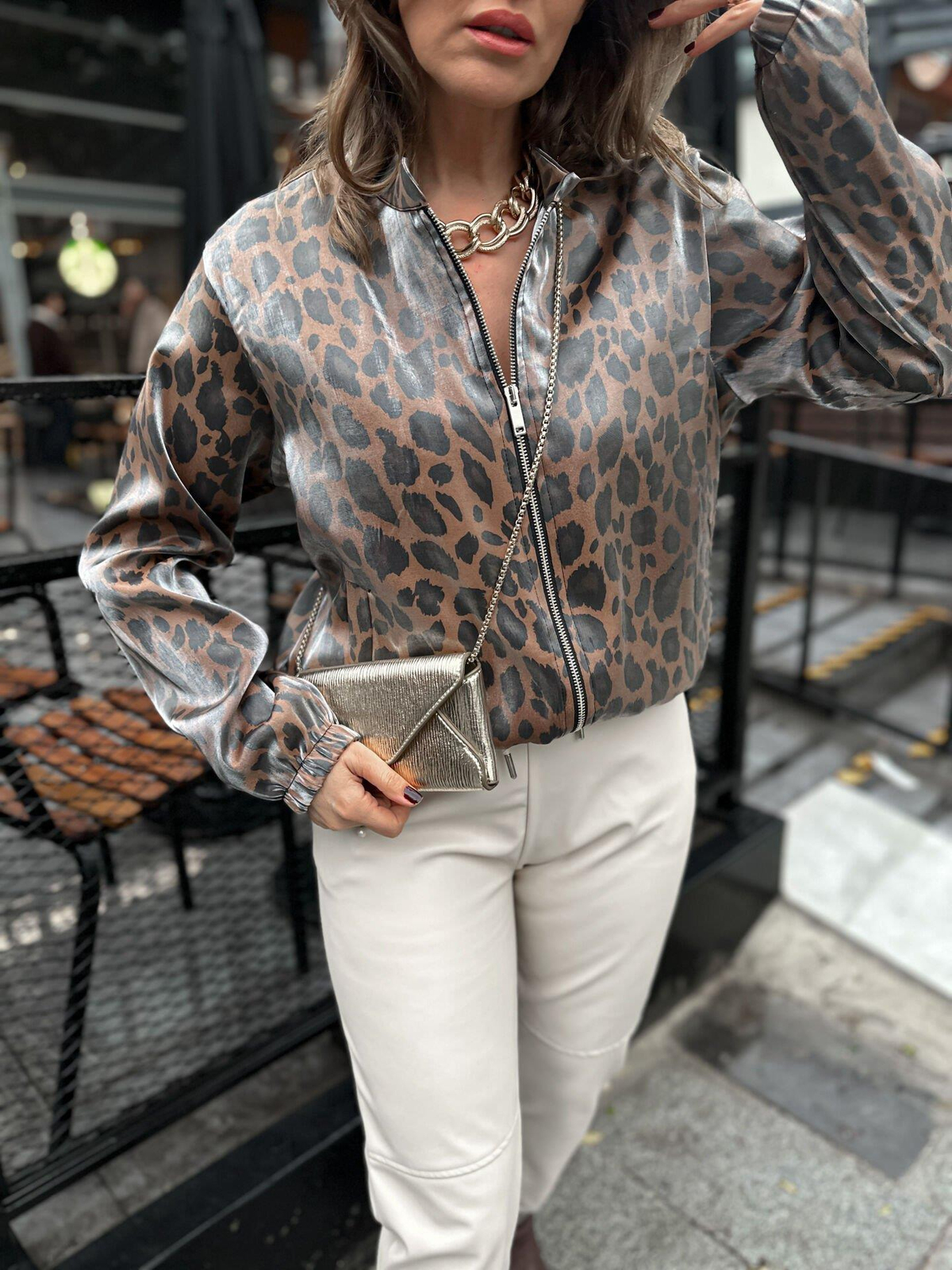 Leopar Parlak Bomber Ceket