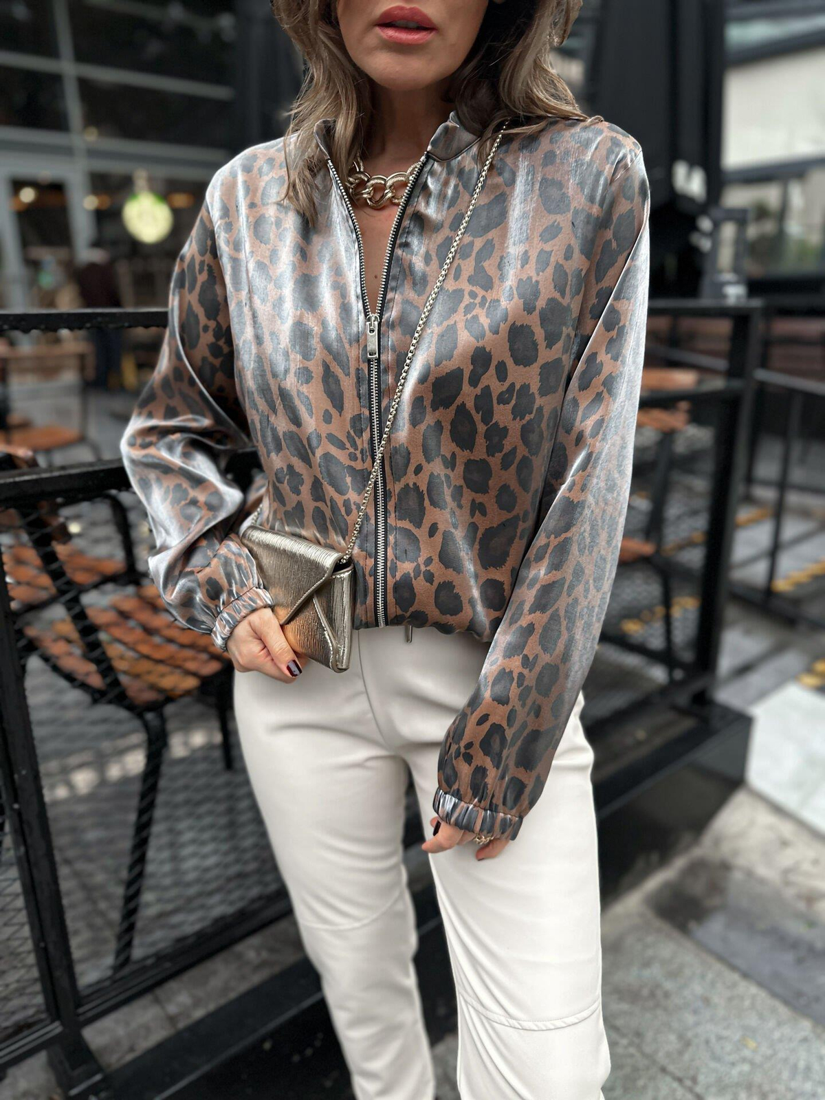 Leopar Parlak Bomber Ceket
