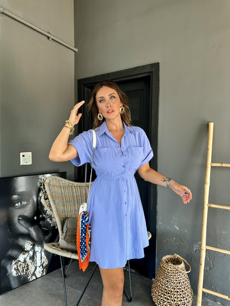 Lila Beli Lastikli Modal Mini Elbise
