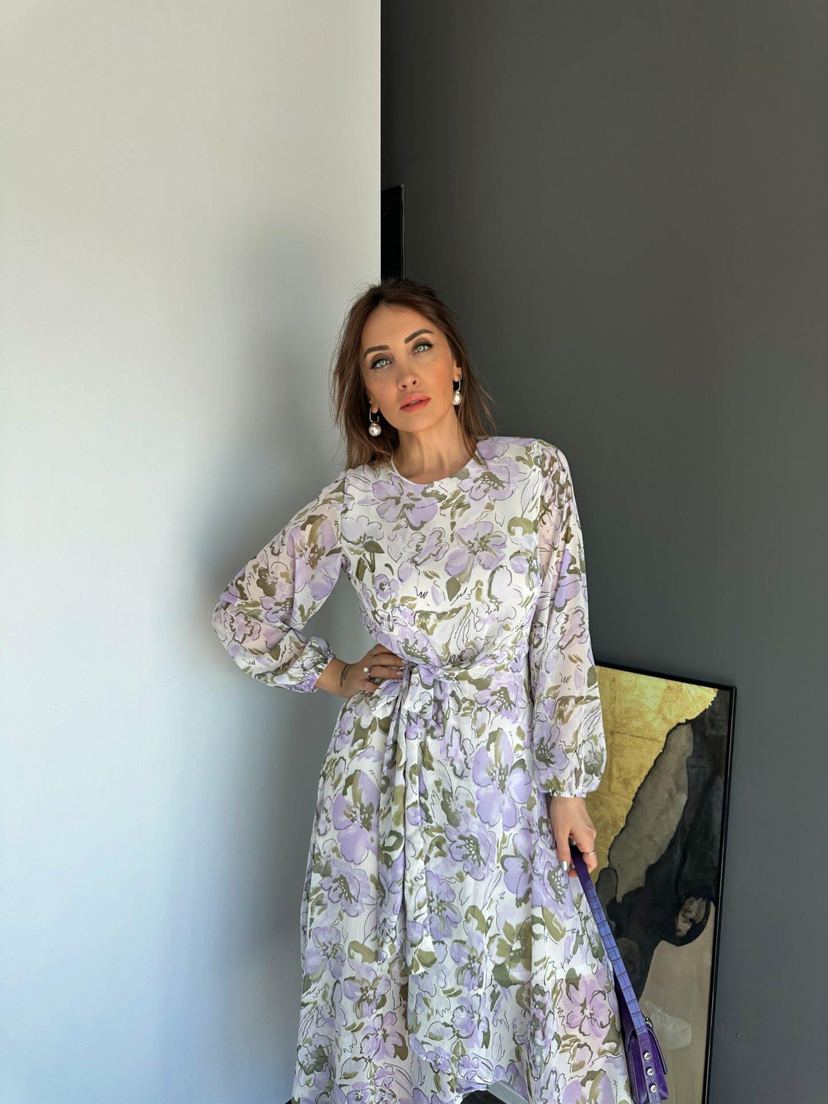 Lila Çiçekli Bağlamalı Şifon Elbise