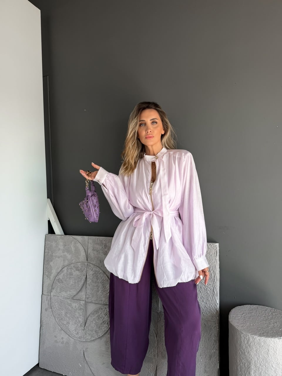 Lila Kuşaklı Fermuarlı Balon Ceket