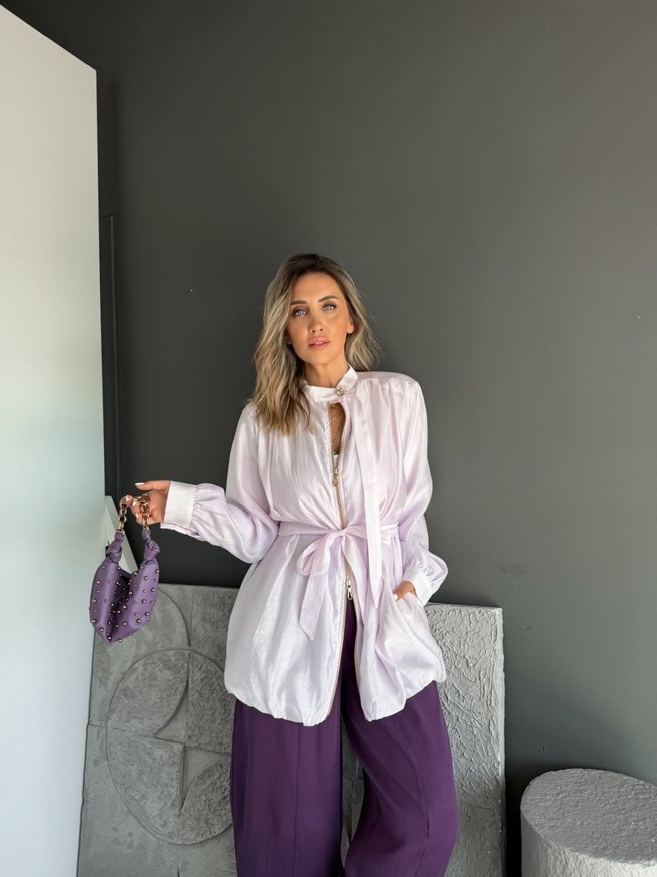 Lila Kuşaklı Fermuarlı Balon Ceket