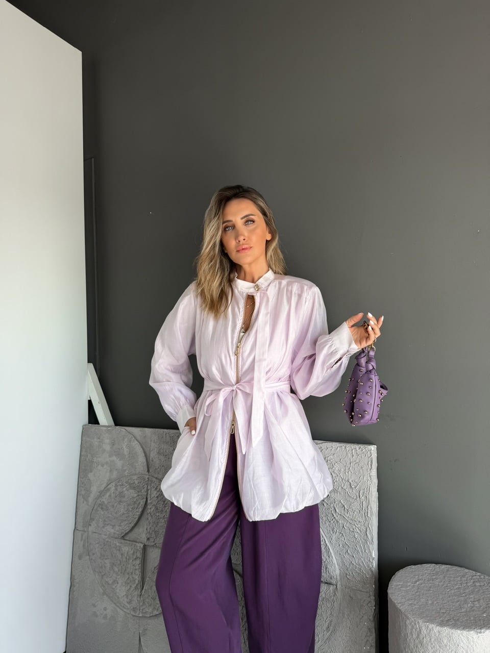 Lila Kuşaklı Fermuarlı Balon Ceket