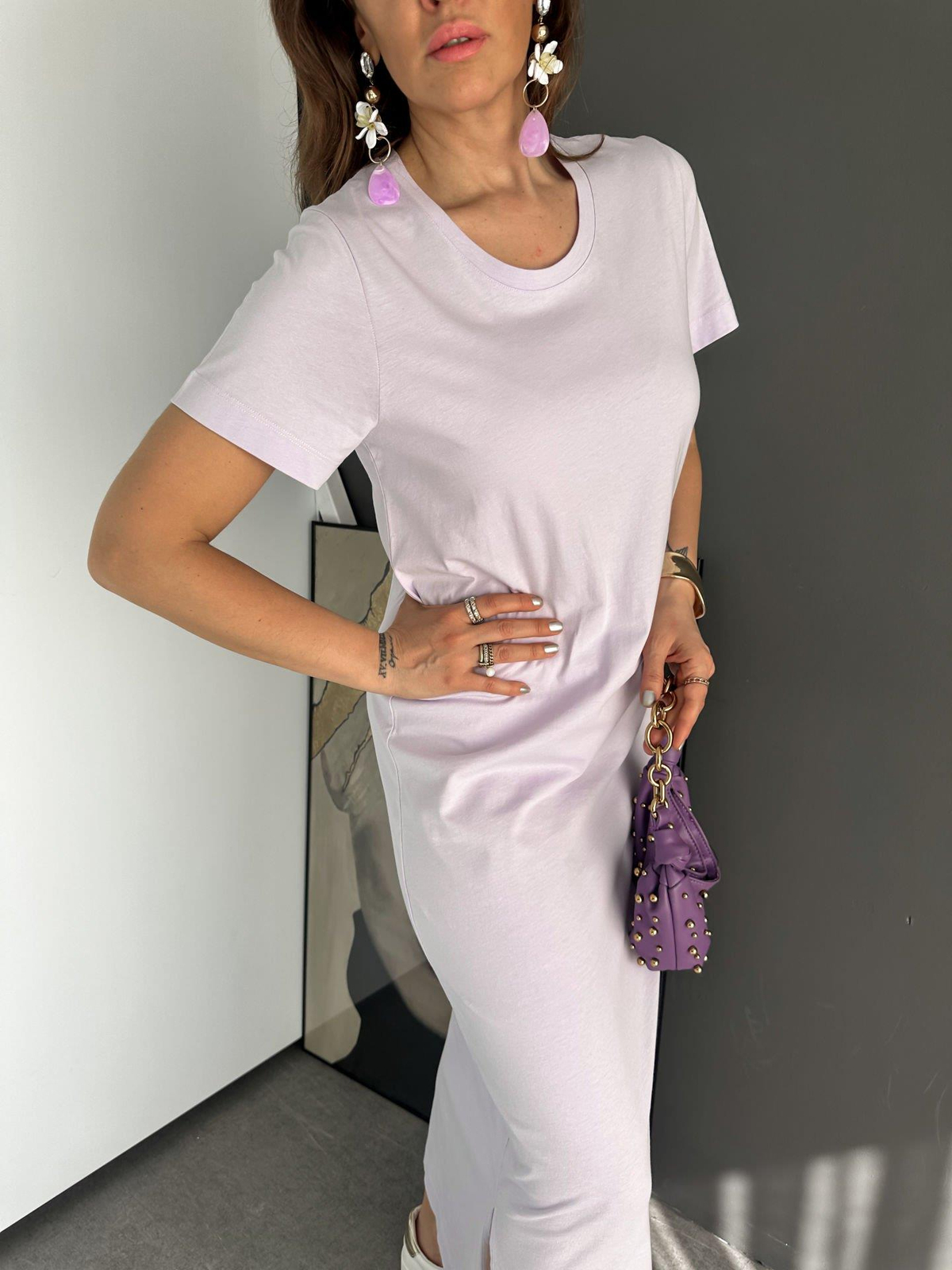 Lila Organic Cotton Yırtmaçlı Elbise