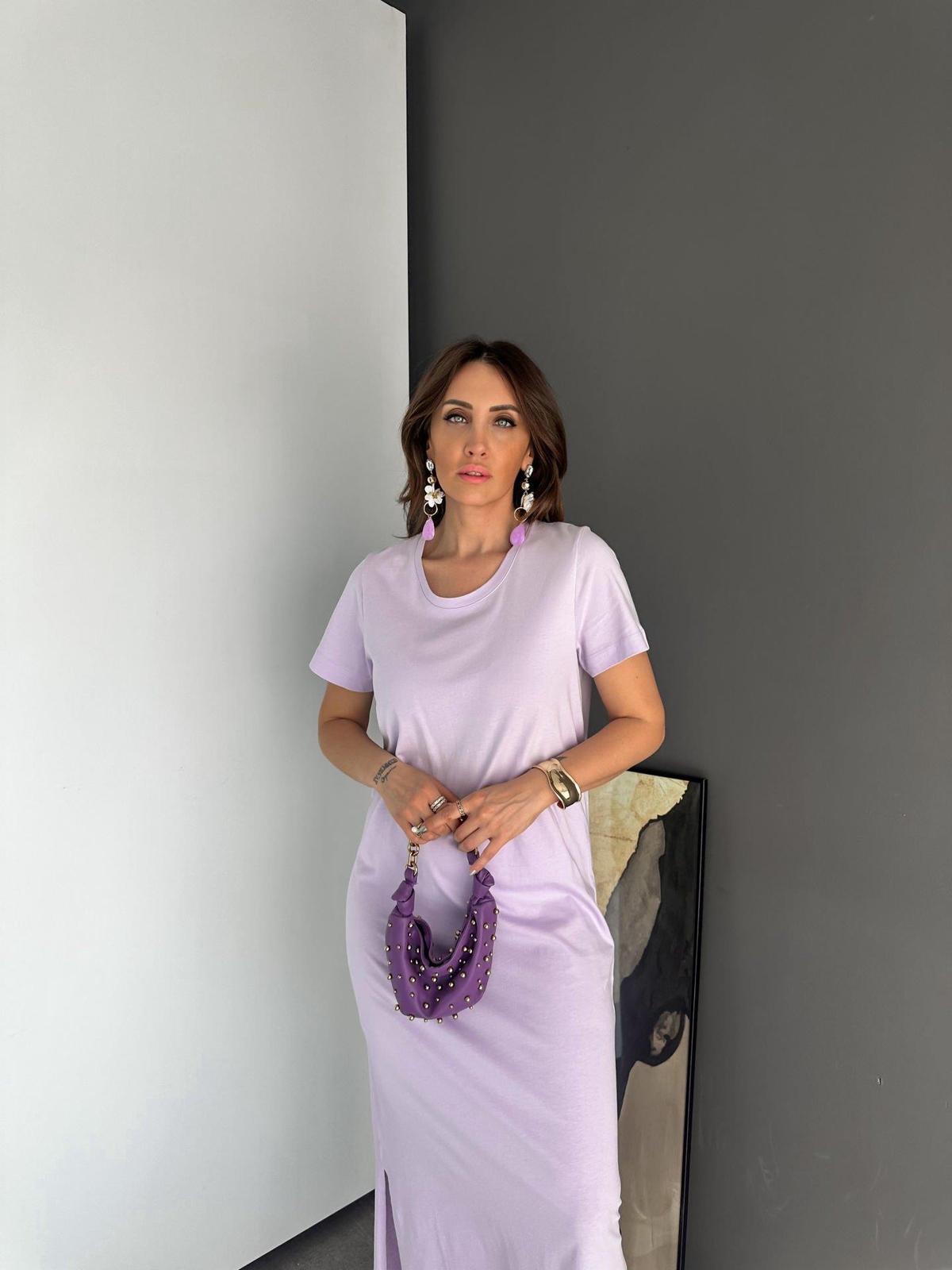 Lila Organic Cotton Yırtmaçlı Elbise
