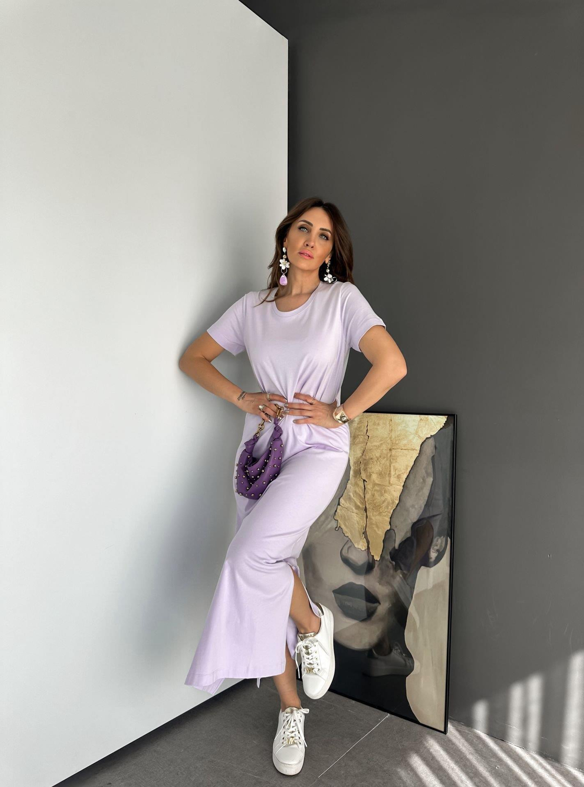 Lila Organic Cotton Yırtmaçlı Elbise