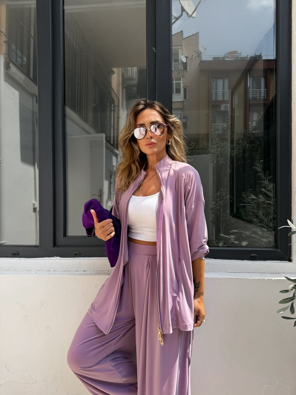 Lila Şalvarlı Full Likralı Takım