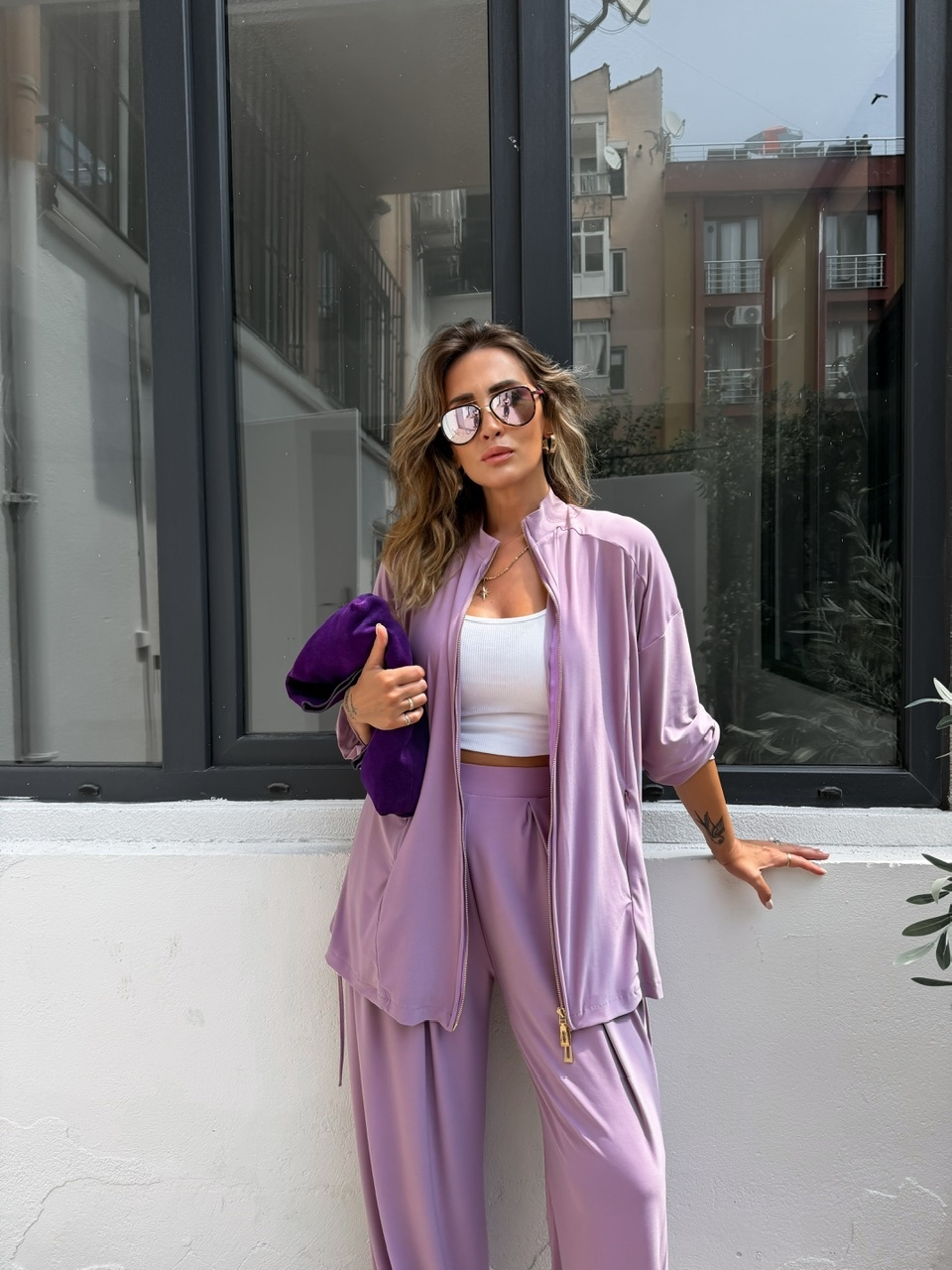 Lila Şalvarlı Full Likralı Takım