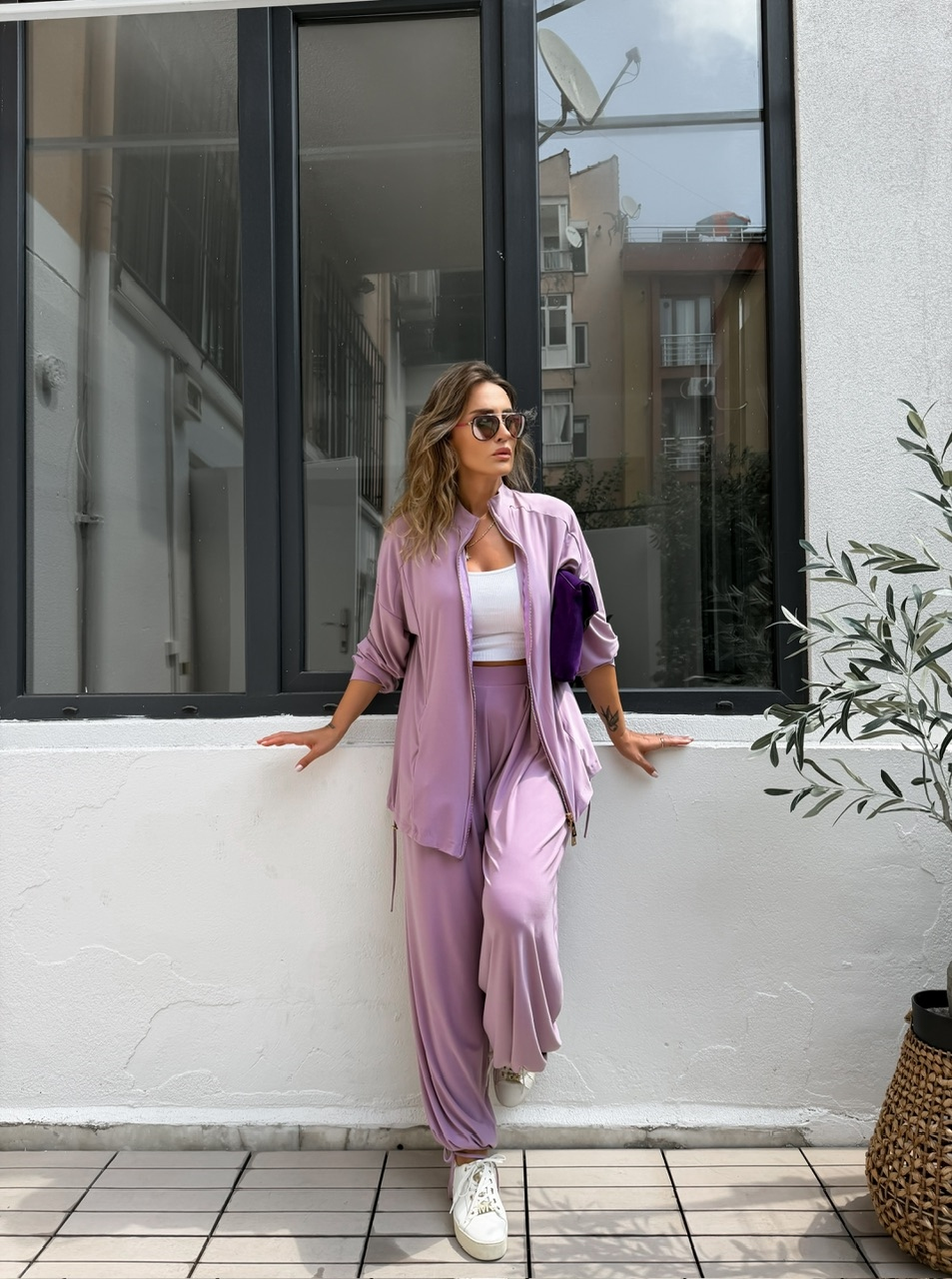 Lila Şalvarlı Full Likralı Takım