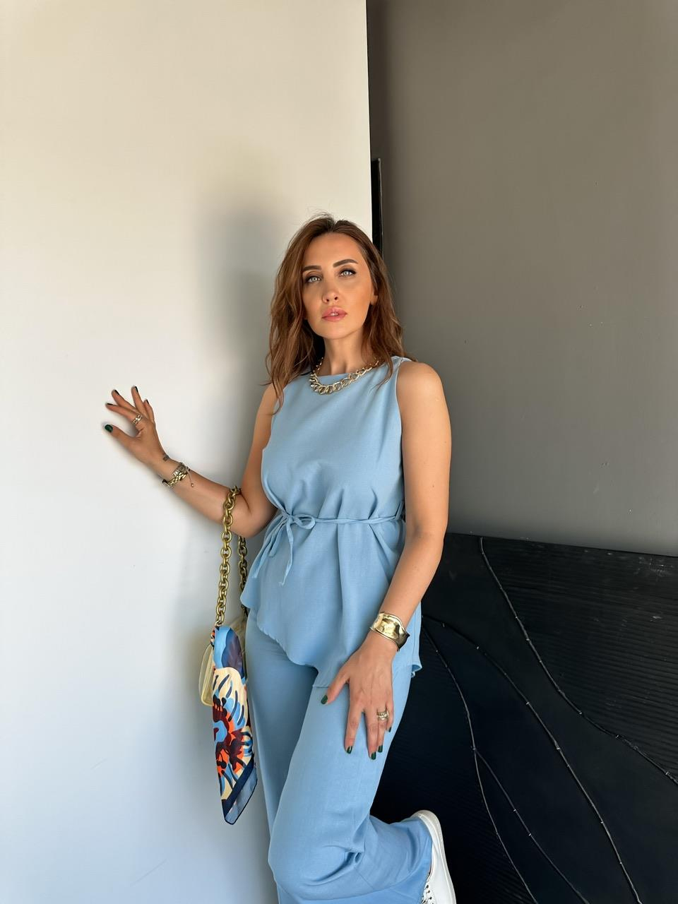 Mavi Asimetrik Bluzlu Keten Takım