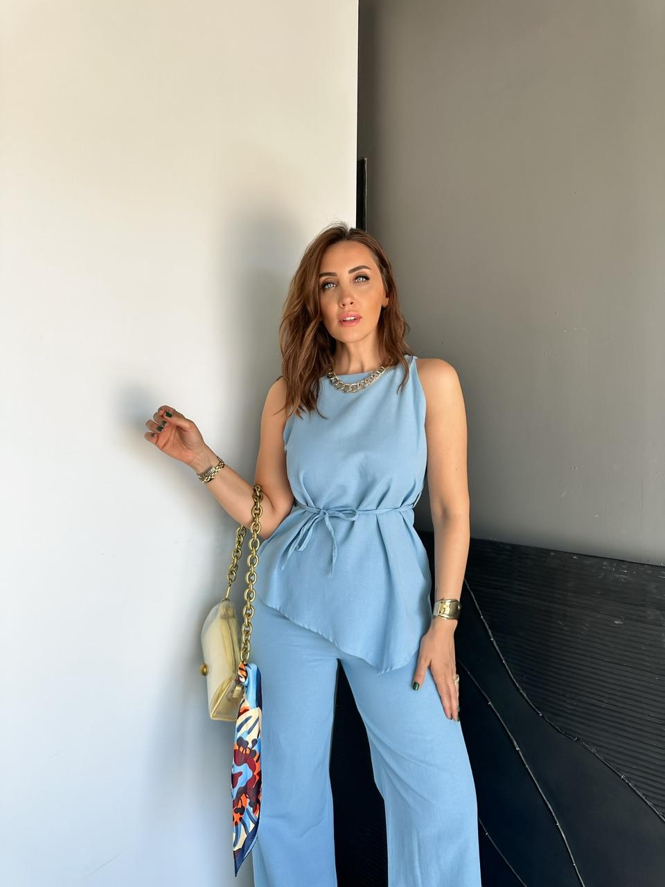 Mavi Asimetrik Bluzlu Keten Takım