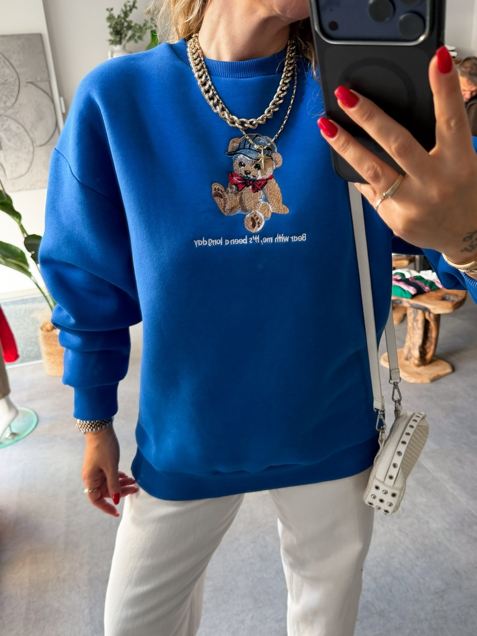 Mavi Ayıcık Figürlü Orijinal Sweatshirt