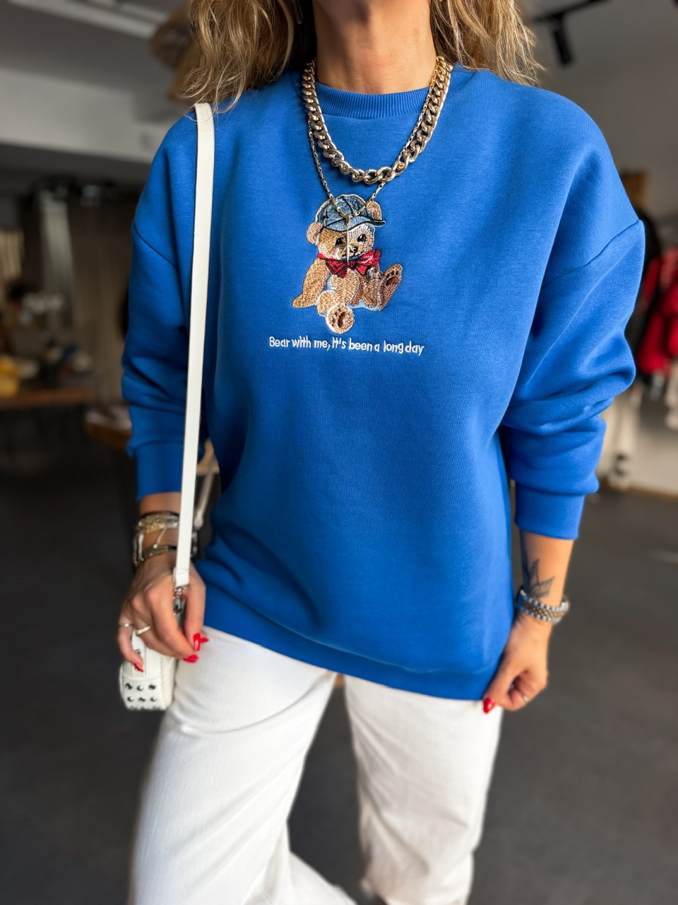Mavi Ayıcık Figürlü Orijinal Sweatshirt