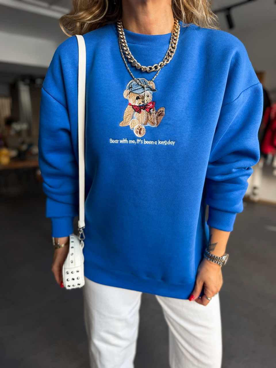 Mavi Ayıcık Figürlü Orijinal Sweatshirt