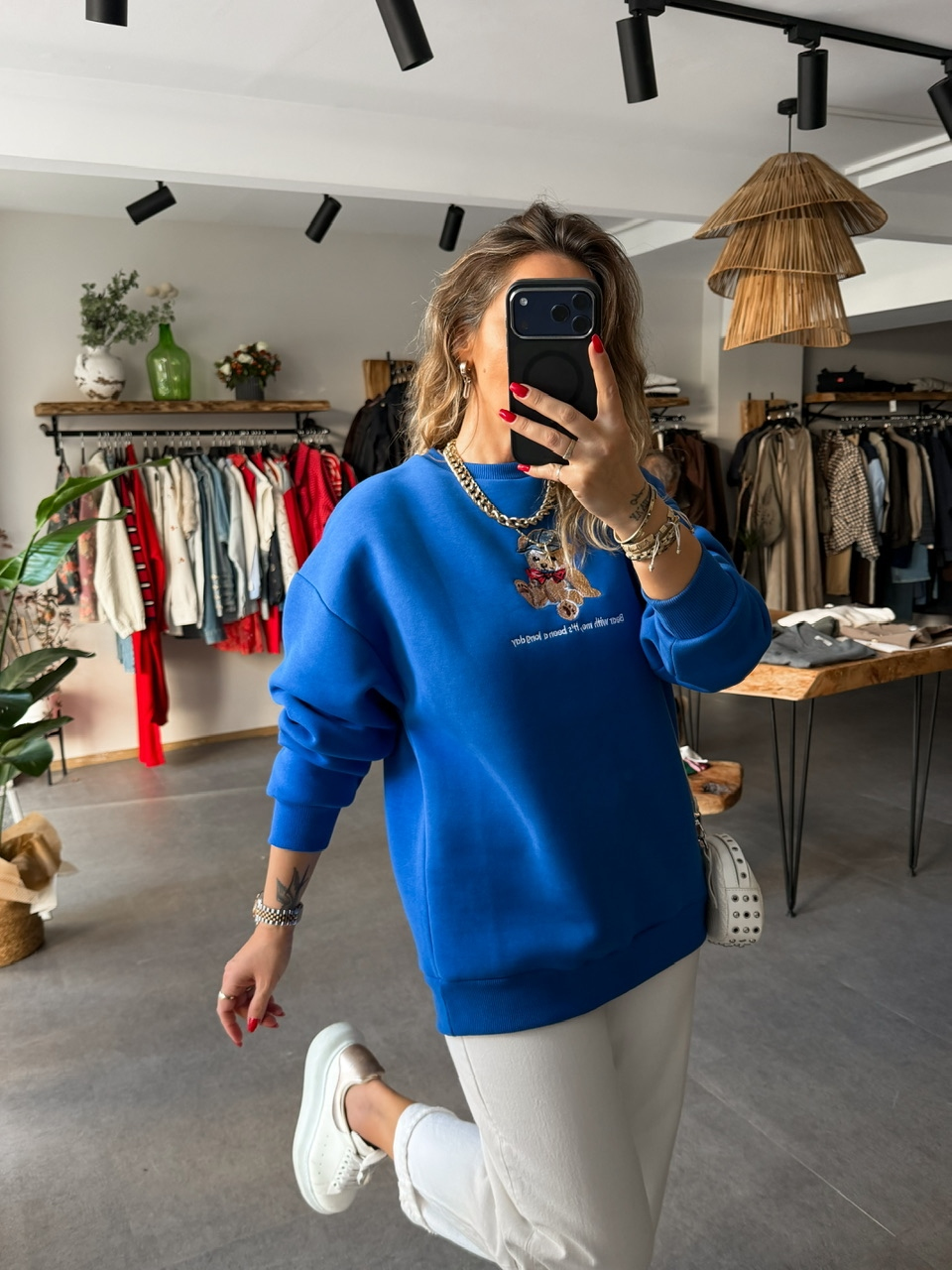 Mavi Ayıcık Figürlü Orijinal Sweatshirt
