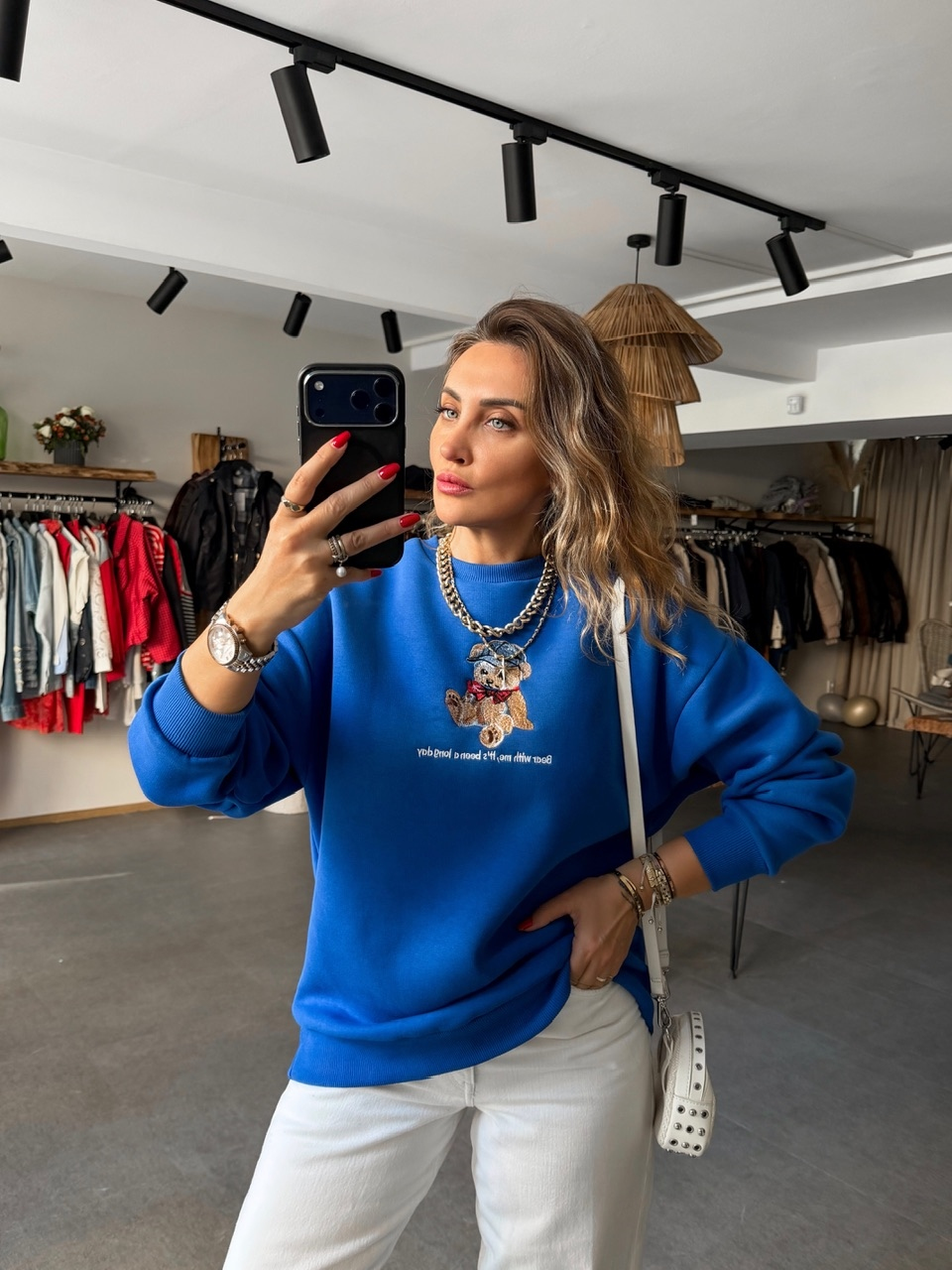 Mavi Ayıcık Figürlü Orijinal Sweatshirt