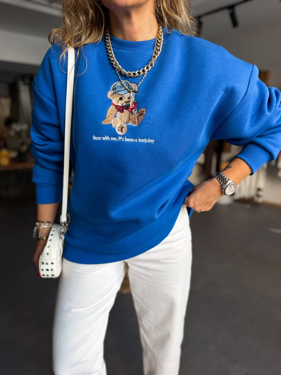 Mavi Ayıcık Figürlü Orijinal Sweatshirt