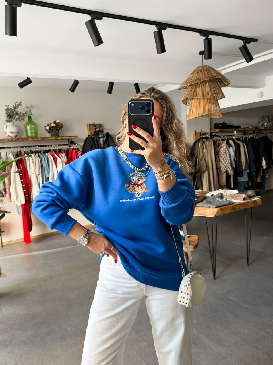 Mavi Ayıcık Figürlü Orijinal Sweatshirt