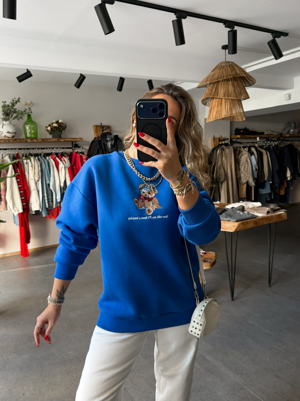 Mavi Ayıcık Figürlü Orijinal Sweatshirt