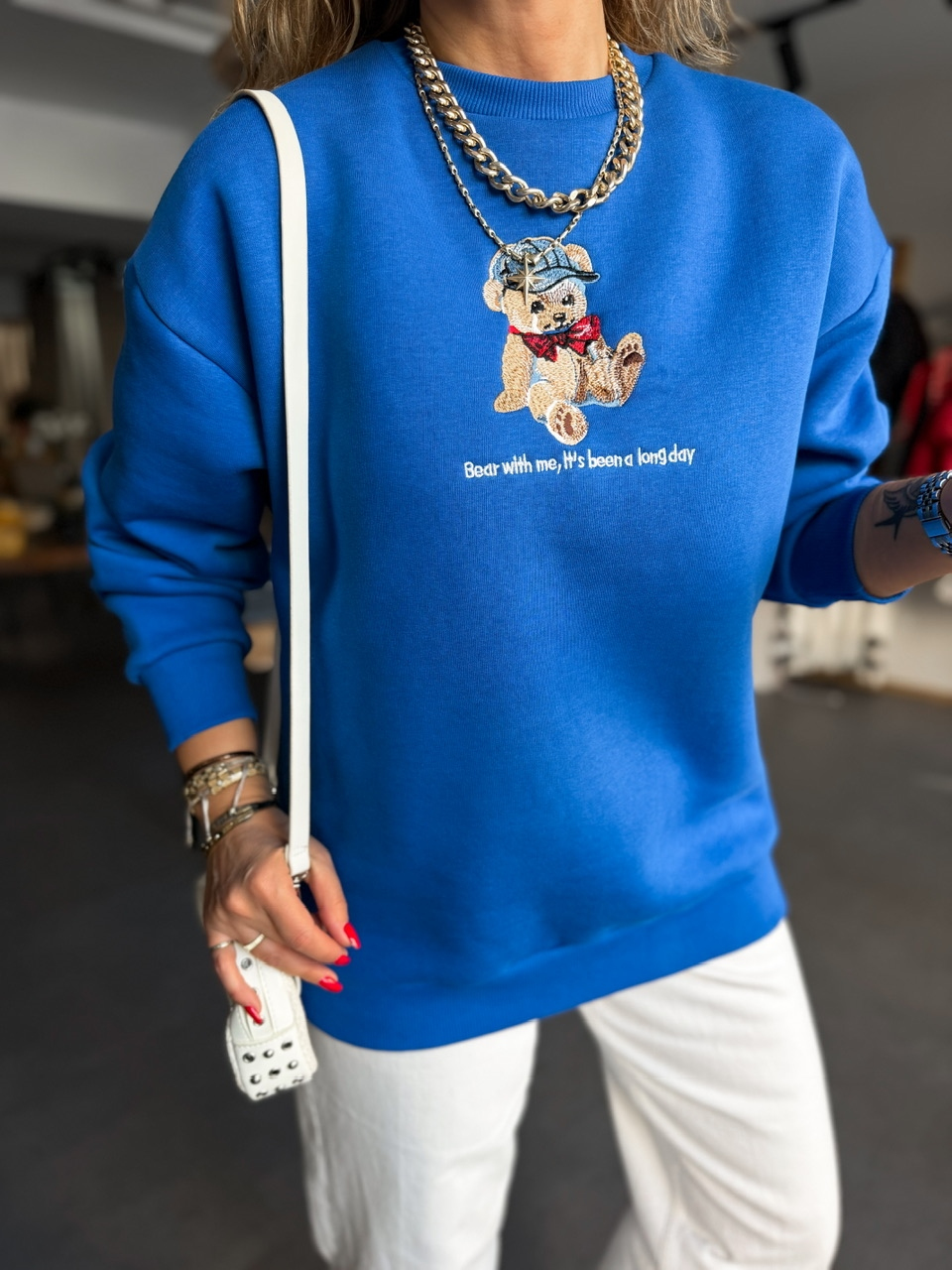 Mavi Ayıcık Figürlü Orijinal Sweatshirt