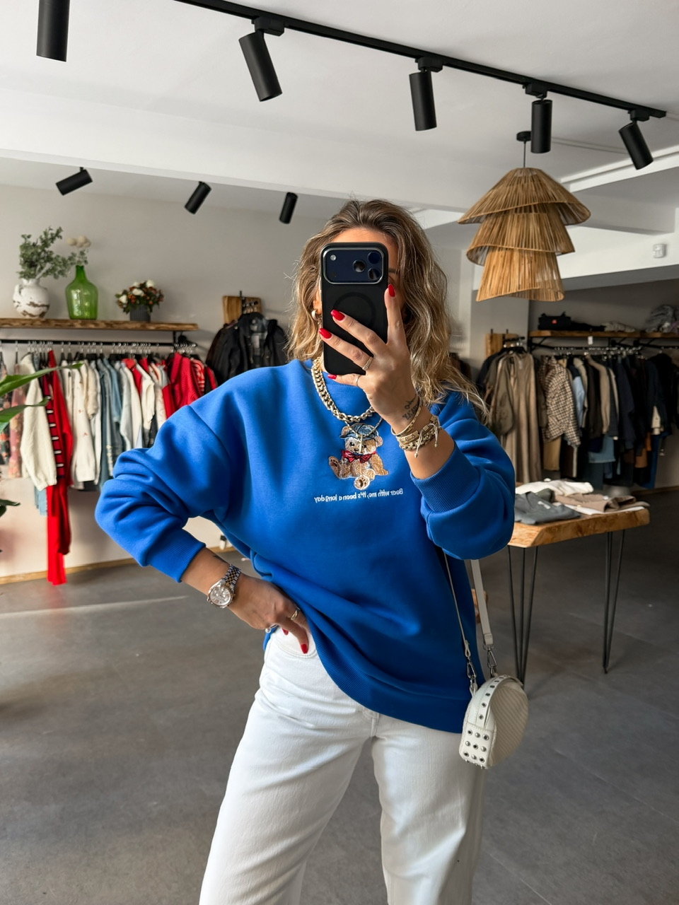 Mavi Ayıcık Figürlü Orijinal Sweatshirt