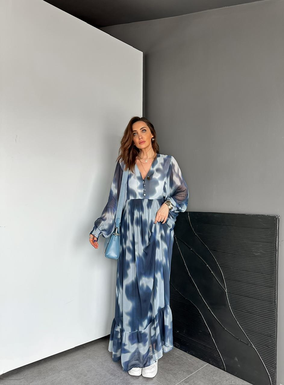Mavi Batik Desen Düğmeli Uzun Elbise